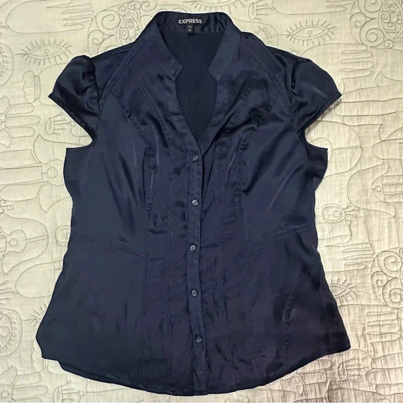 Express Structured Cap Sleeve Navy Short Sleeved Shirt Size L Workwear Fitted - Picture 1 of 7